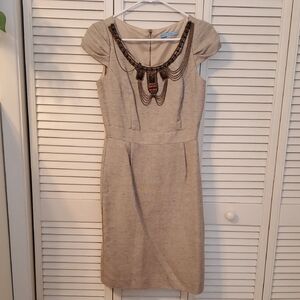 ANTONIO MELANI Beige Tweed Cap Sleeve Beaded Chain Pencil Dress 2